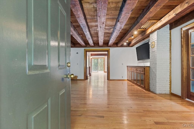 1826 Cardner Rd, Fabius, NY 13122 - hallway with wooden ceiling, beam ceiling, light wood-type flooring, and baseboards