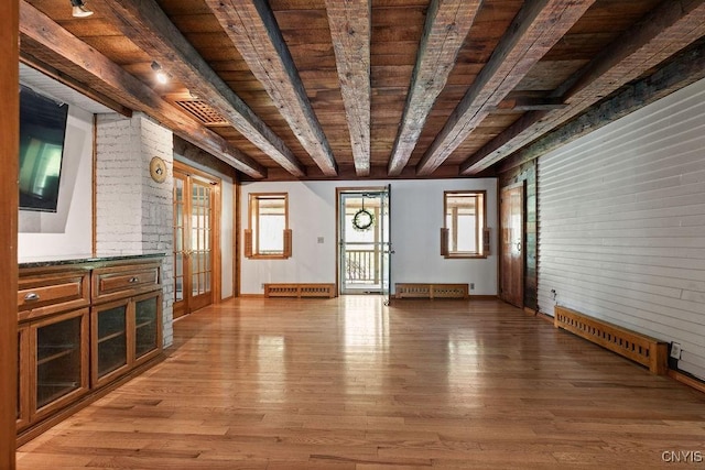 1826 Cardner Rd, Fabius, NY 13122 - unfurnished living room with wooden ceiling, beam ceiling, light wood-type flooring, french doors, and wooden walls