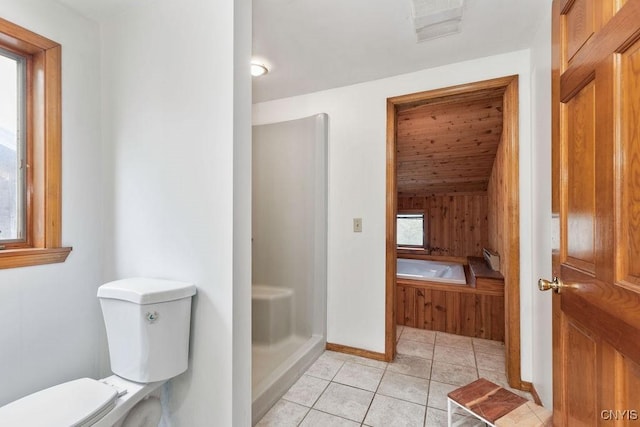 1826 Cardner Rd, Fabius, NY 13122 - bathroom featuring toilet, tile patterned floors, a garden tub, baseboards, and a stall shower