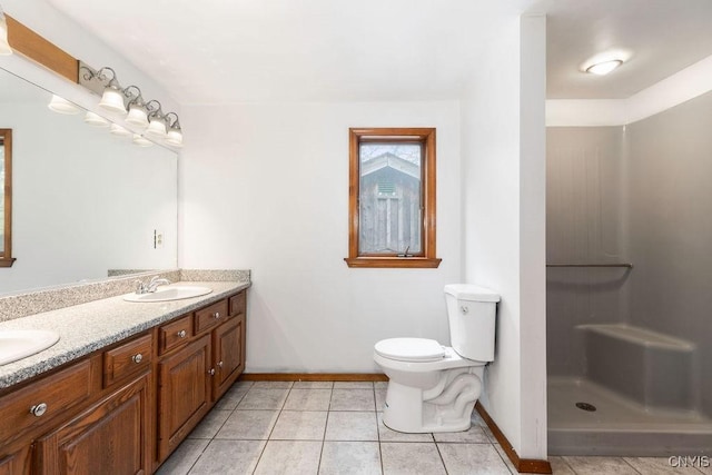 1826 Cardner Rd, Fabius, NY 13122 - full bathroom with baseboards, double vanity, toilet, tile patterned flooring, and a shower