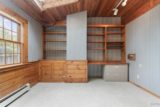 1826 Cardner Rd, Fabius, NY 13122 - unfurnished bedroom with baseboard heating, a skylight, track lighting, carpet flooring, and wood walls
