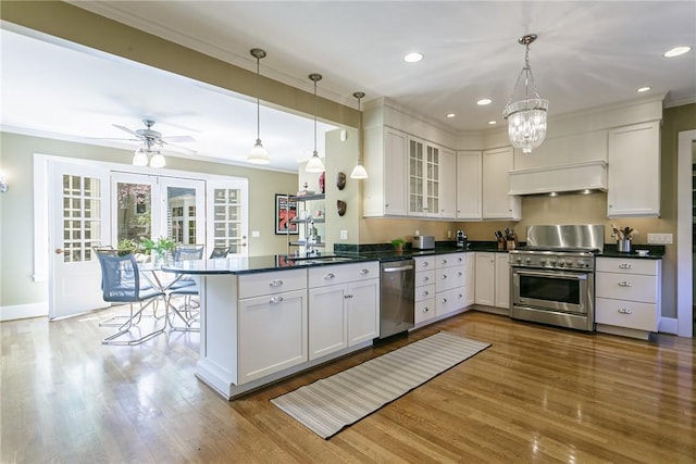 kitchen with appliances with stainless steel finishes, exhaust hood, a sink, crown molding, and wood finished floors