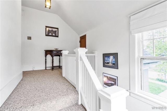 stairway with vaulted ceiling and carpet floors
