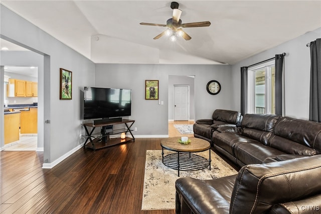 545 County Route 54, Schroeppel, NY 13132 - living area with hardwood / wood-style flooring, lofted ceiling, a ceiling fan, and baseboards