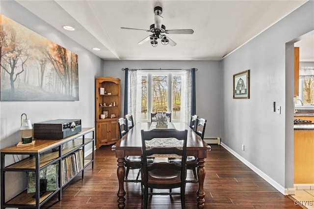 545 County Route 54, Schroeppel, NY 13132 - dining area featuring a baseboard heating unit, baseboards, ceiling fan, recessed lighting, and dark wood-style floors