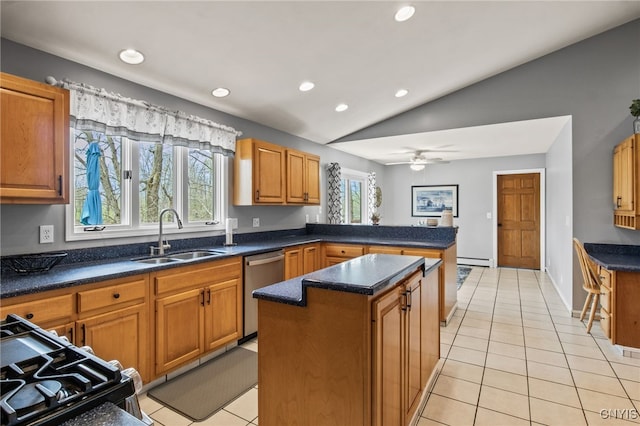 545 County Route 54, Schroeppel, NY 13132 - kitchen featuring a sink, lofted ceiling, a baseboard radiator, stainless steel dishwasher, and recessed lighting