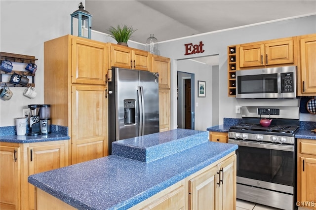545 County Route 54, Schroeppel, NY 13132 - kitchen with appliances with stainless steel finishes, dark countertops, light brown cabinets, a center island, and vaulted ceiling