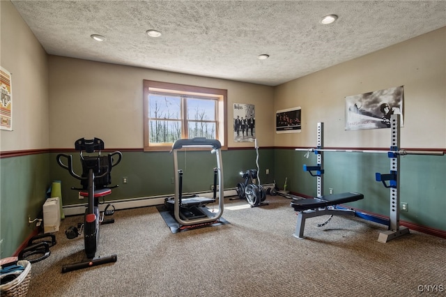 545 County Route 54, Schroeppel, NY 13132 - exercise room featuring carpet, a textured ceiling, baseboards, and recessed lighting
