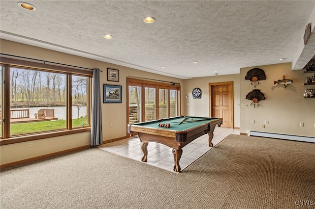 545 County Route 54, Schroeppel, NY 13132 - playroom with light colored carpet, baseboards, a water view, baseboard heating, and billiards table