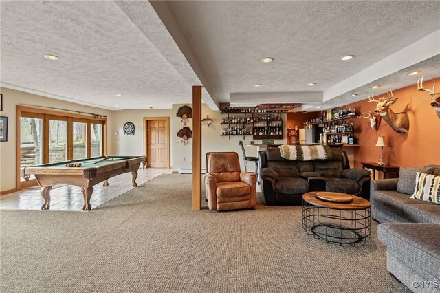 545 County Route 54, Schroeppel, NY 13132 - game room featuring a textured ceiling, a dry bar, billiards, carpet floors, and recessed lighting