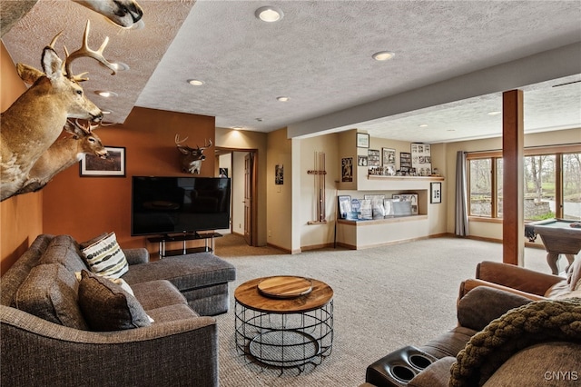 545 County Route 54, Schroeppel, NY 13132 - carpeted living area featuring baseboards, a textured ceiling, and recessed lighting