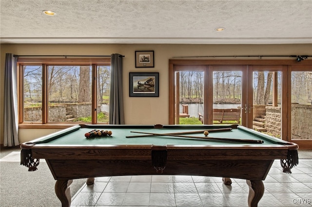 545 County Route 54, Schroeppel, NY 13132 - recreation room with pool table, a textured ceiling, a water view, and recessed lighting
