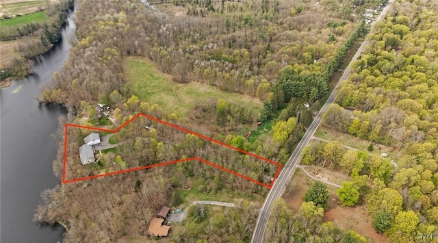 545 County Route 54, Schroeppel, NY 13132 - aerial view of property and surrounding area featuring a large body of water and property boundaries highlighted