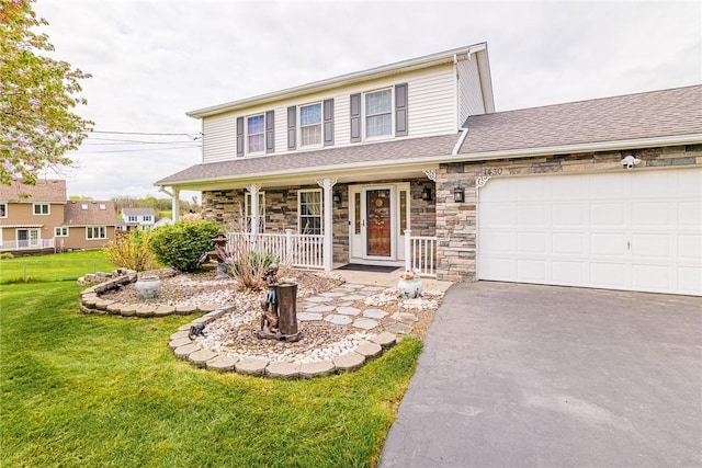 1430 Erie Station Rd, Henrietta, NY 14467 - view of front facade featuring a porch, driveway, a front lawn, stone siding, and an attached garage