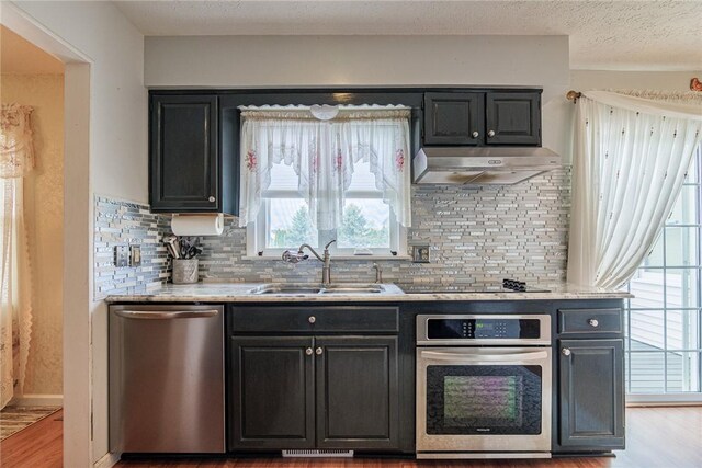 1430 Erie Station Rd, Henrietta, NY 14467 - kitchen featuring stainless steel appliances, a sink, under cabinet range hood, light wood-style floors, and tasteful backsplash