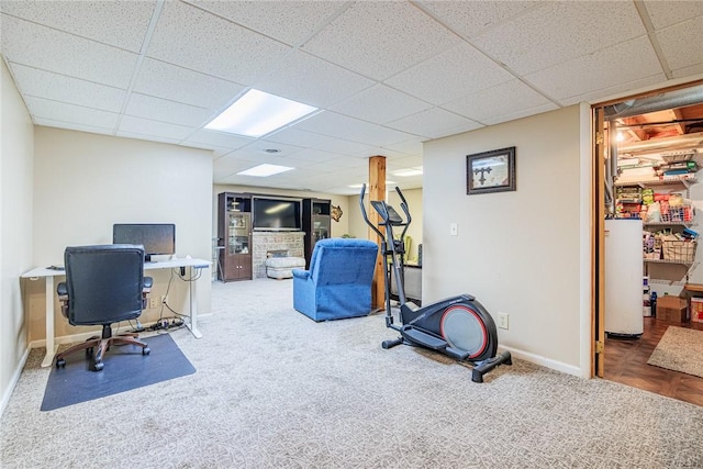 1430 Erie Station Rd, Henrietta, NY 14467 - carpeted home office with gas water heater, baseboards, and a drop ceiling