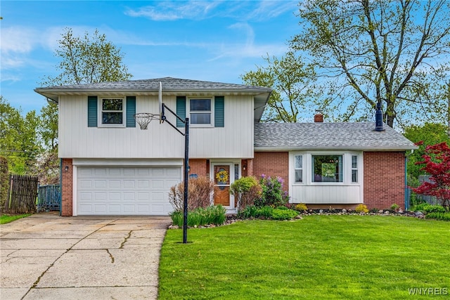 split level home featuring brick siding, a garage, concrete driveway, and a chimney