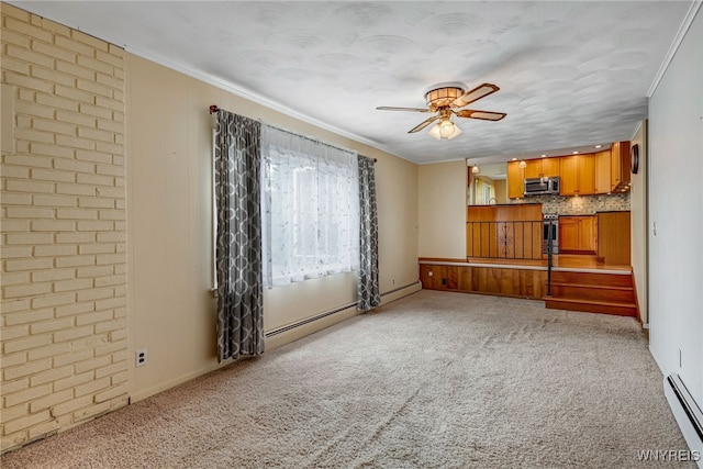 empty room featuring a baseboard radiator, light carpet, a ceiling fan, ornamental molding, and baseboard heating