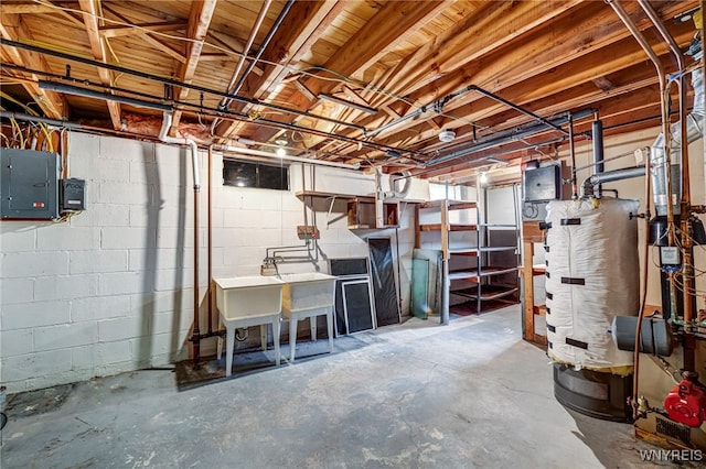unfinished basement with water heater and electric panel