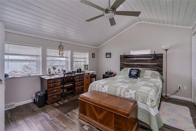 17869 County Route 59, Brownville, NY 13634 - bedroom featuring wood finished floors, baseboards, vaulted ceiling, a desk, and ornamental molding