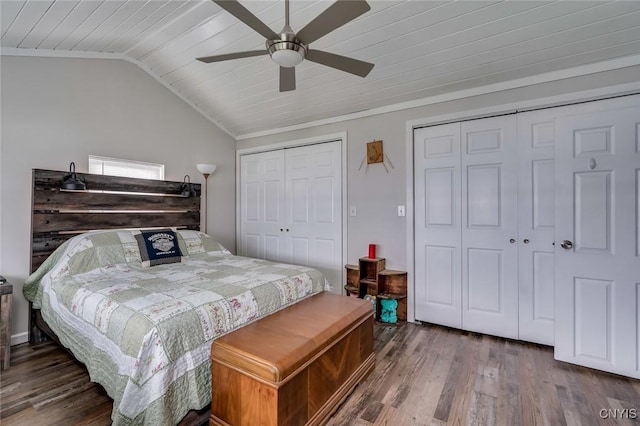 17869 County Route 59, Brownville, NY 13634 - bedroom featuring multiple closets, lofted ceiling, wood finished floors, wood ceiling, and a ceiling fan