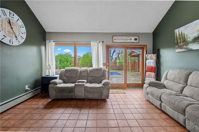 living area featuring lofted ceiling, light tile patterned floors, healthy amount of natural light, baseboard heating, and a textured ceiling