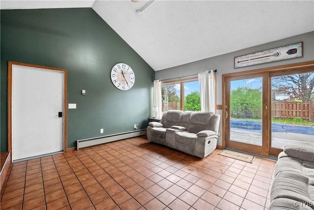 living area with a baseboard heating unit, high vaulted ceiling, tile patterned flooring, and baseboards