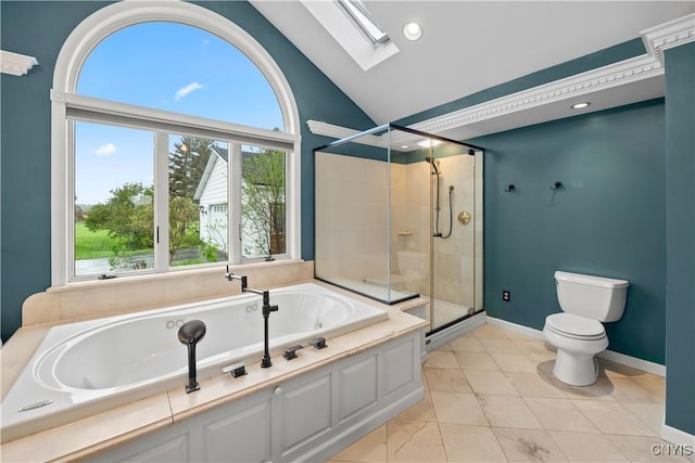 full bath with lofted ceiling, toilet, a skylight, a garden tub, and a shower stall