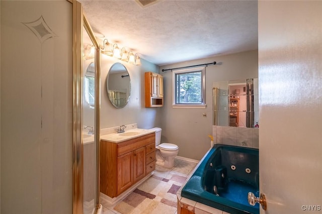 7650 Commodore Cir, Clay, NY 13090 - bathroom featuring toilet, a tub with jets, vanity, an enclosed shower, and baseboards