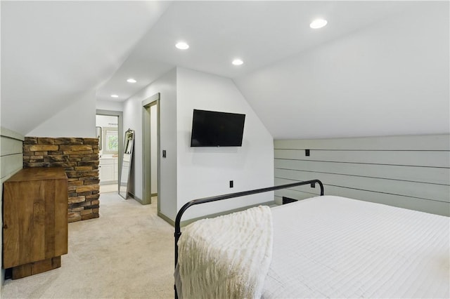 bedroom with lofted ceiling, light carpet, recessed lighting, and baseboards