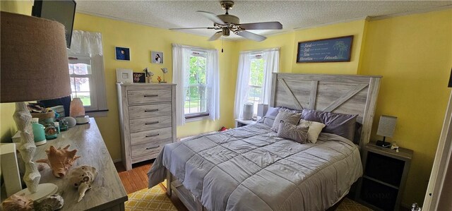 43 Sunnyside Dr, Elmira, NY 14905 - bedroom with ornamental molding, wood finished floors, a textured ceiling, and ceiling fan