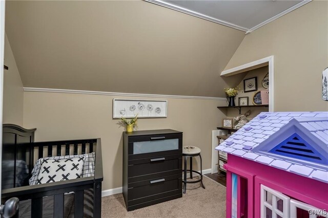 29441 Beaver Meadow Mews, Lyme, NY 13622 - bedroom with ornamental molding, lofted ceiling, baseboards, and carpet