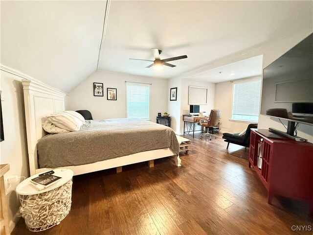 29441 Beaver Meadow Mews, Lyme, NY 13622 - bedroom featuring wood-type flooring, a desk, a ceiling fan, and lofted ceiling