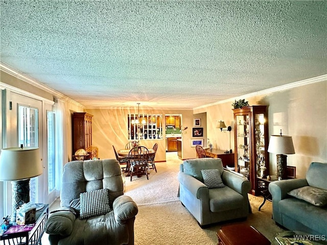 living area featuring ornamental molding, a textured ceiling, light colored carpet, and a chandelier