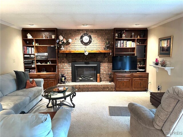 carpeted living room with ornamental molding and a fireplace