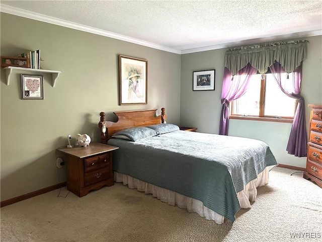 bedroom featuring crown molding, carpet, a textured ceiling, and baseboards