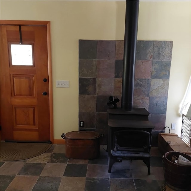 4510 Colvin Hill Rd, Troupsburg, NY 14898 - foyer with a wood stove and stone finish floors