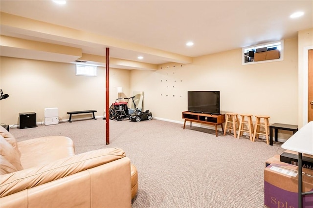 living area featuring carpet and recessed lighting