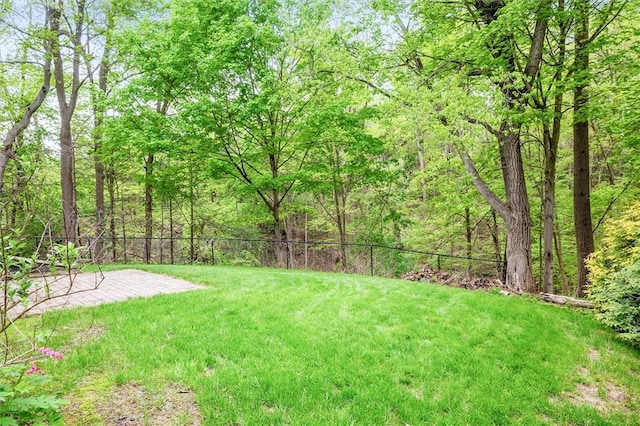 view of yard with a patio area and a wooded view