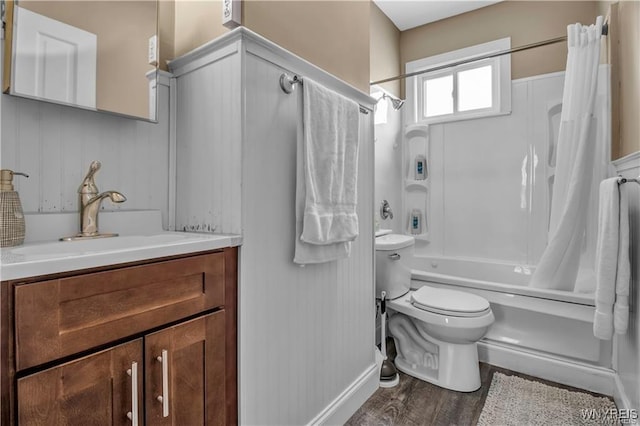 full bathroom with toilet, shower / bathtub combination with curtain, vanity, and wood finished floors