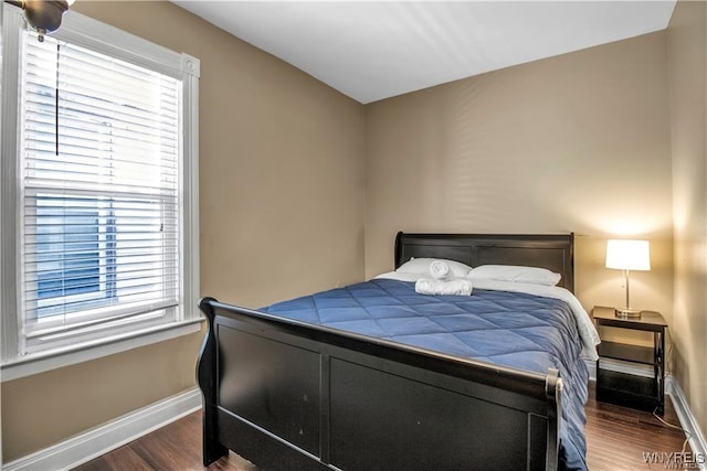 bedroom featuring wood finished floors, baseboards, and multiple windows