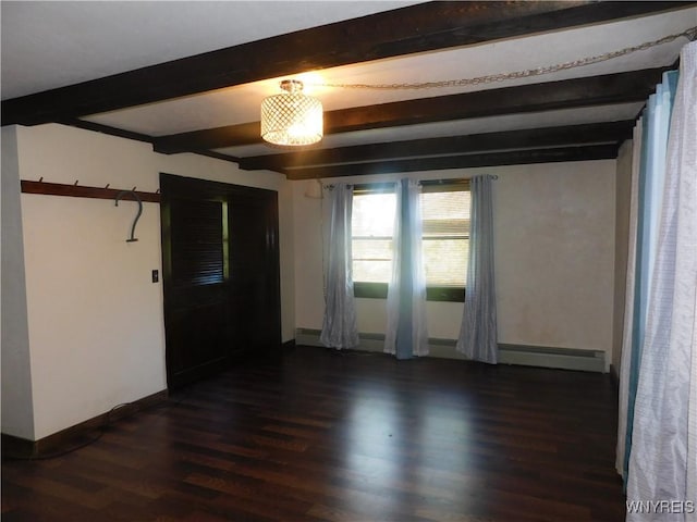 empty room featuring beamed ceiling, baseboards, dark wood-type flooring, and a baseboard heating unit