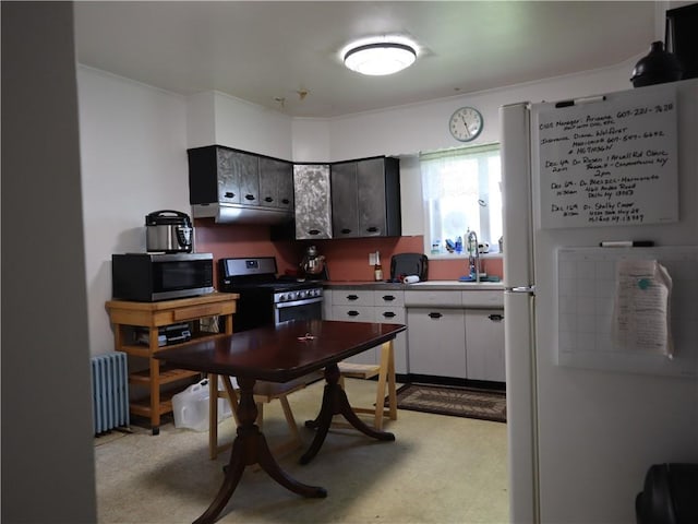 kitchen with stainless steel appliances, radiator, a sink, crown molding, and white cabinets