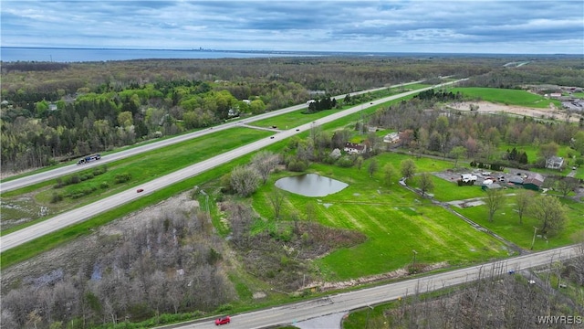 view of property location with a forest and a large body of water