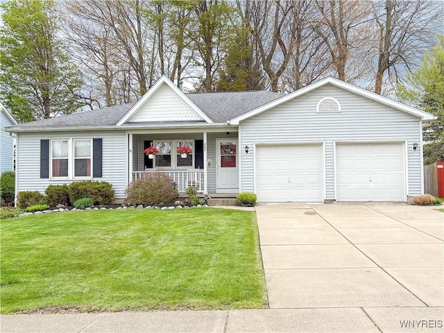 253 Towers Blvd, Cheektowaga, NY 14227 - view of front of house with a porch, an attached garage, driveway, a front lawn, and roof with shingles