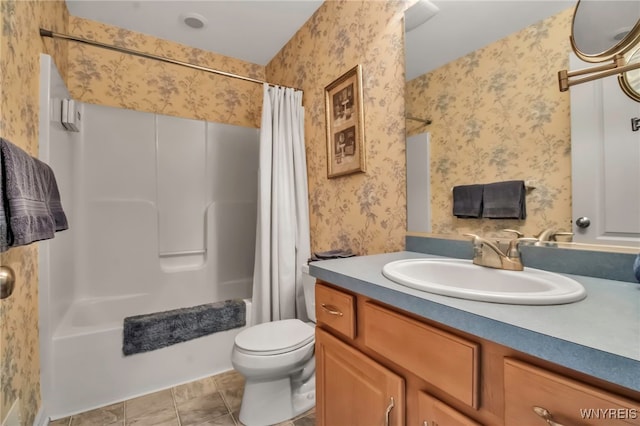 full bathroom with toilet, vanity, wallpapered walls, and shower / bath combination with curtain