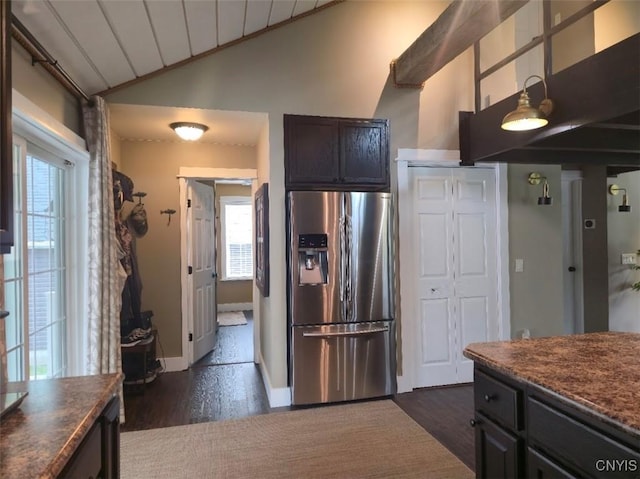 1003 Waterview Dr, Vienna, NY 13308 - kitchen featuring stainless steel fridge with ice dispenser, lofted ceiling, dark countertops, dark wood-style floors, and wood ceiling