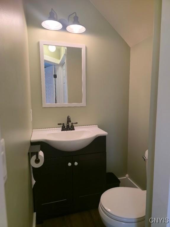 1003 Waterview Dr, Vienna, NY 13308 - half bathroom featuring vanity, toilet, and lofted ceiling