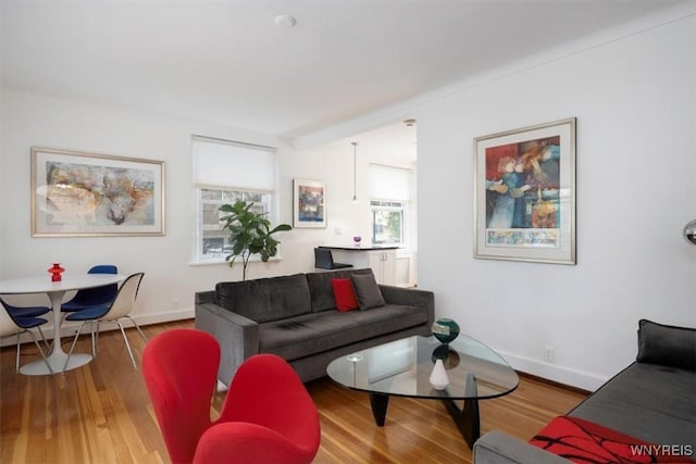 living area with wood finished floors and baseboards