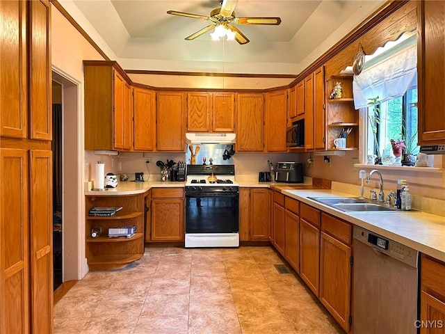 237 James St, Lenox, NY 13032 - kitchen featuring gas range oven, dishwasher, open shelves, and a sink